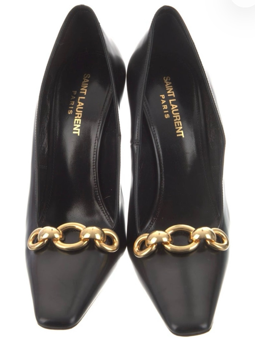 Saint Laurent Black Leather Pump with Gold Chain Accent - Picture 2 of 7